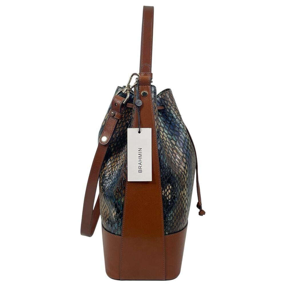 Brahmin Marlowe Embossed Leather Bucket Bag Bottle Blue Fletcher - Picture 4 of 13